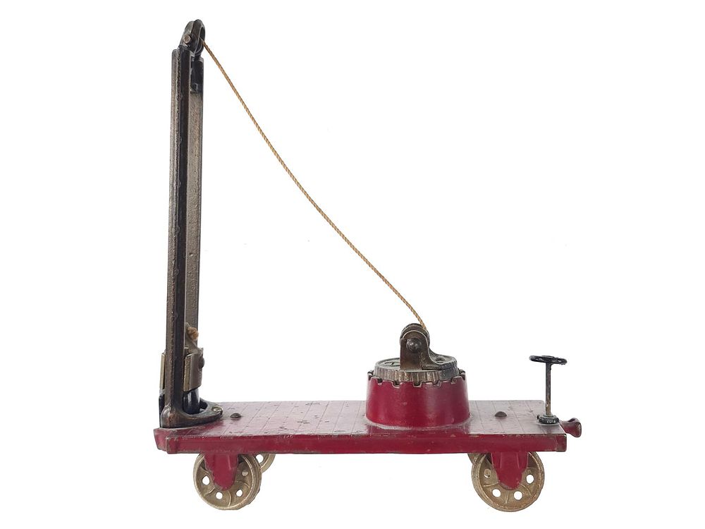 Lot 227: Red Arcade Toys Pile Driver Train Car Cast Iron