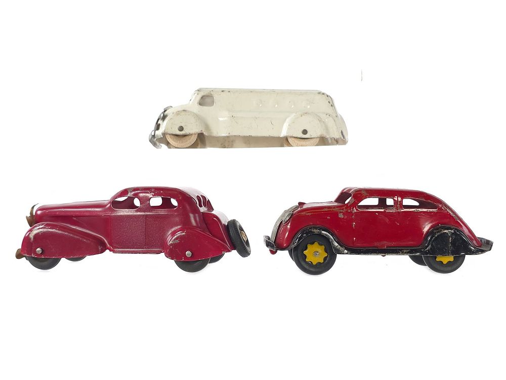 Lot 235: (3) Assorted Marx & Wyandotte Pressed Steel Cars w/Ambulance