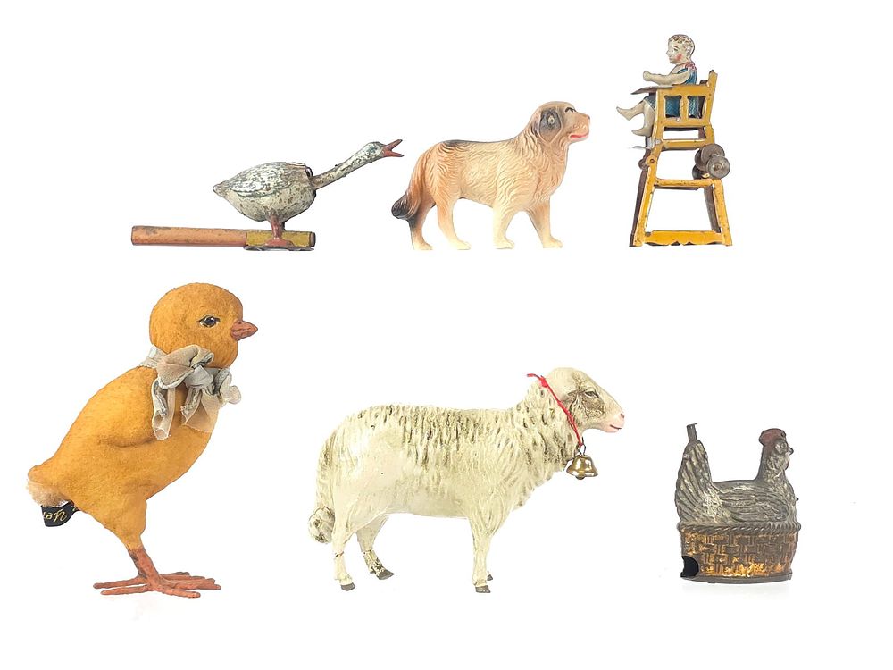 Lot 237: (6) European Tin Penny, Animal, Celluloid, and Composite Toys