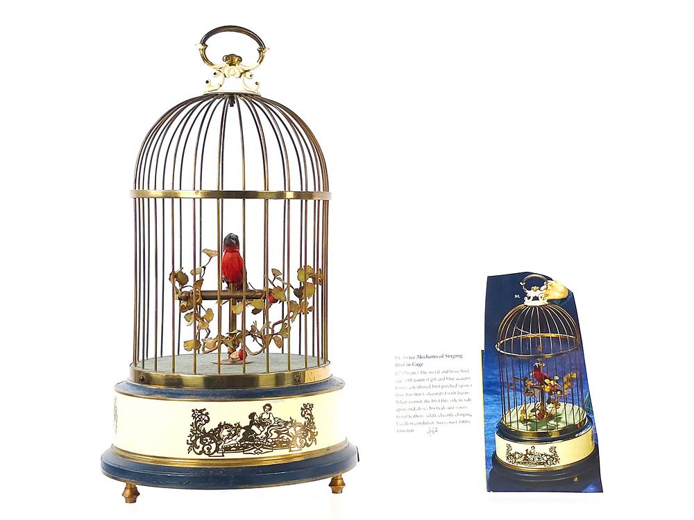 Lot 240: Charming Swiss Mechanical Singing Bird in Cage