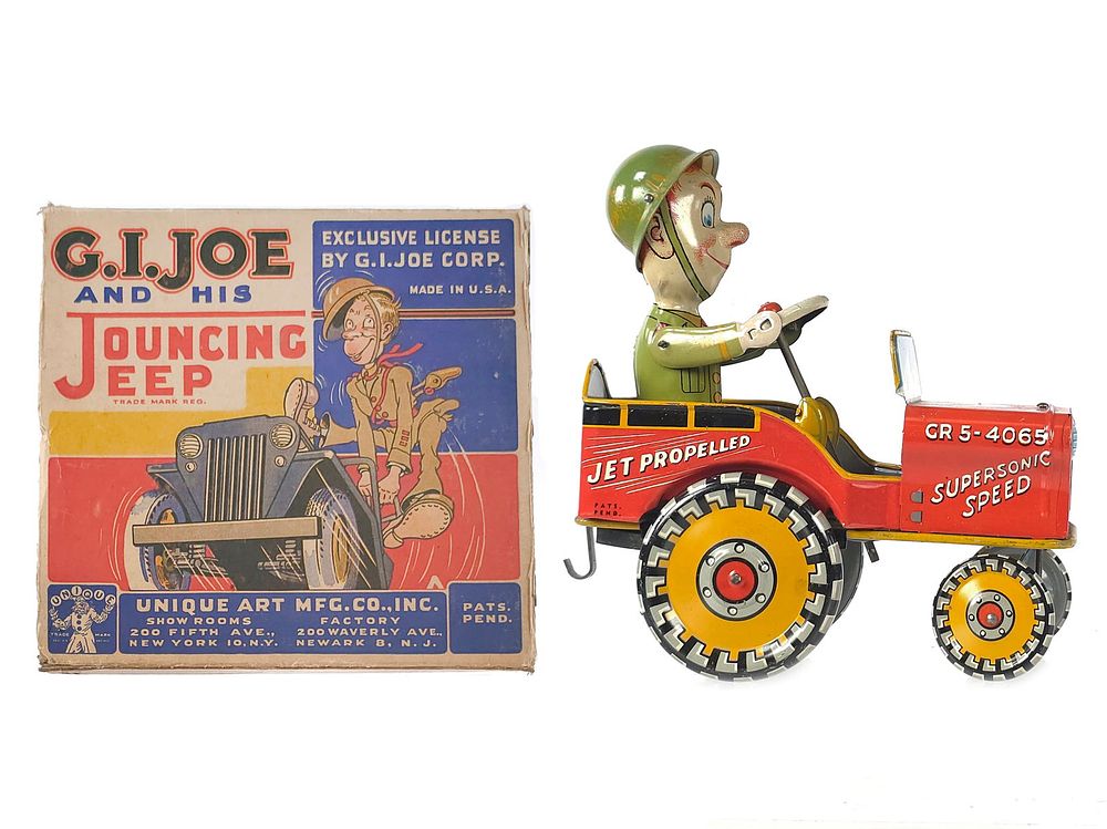 Lot 264: Unique Art Tin Windup G.I. Joe and His Jouncing Jeep Boxed