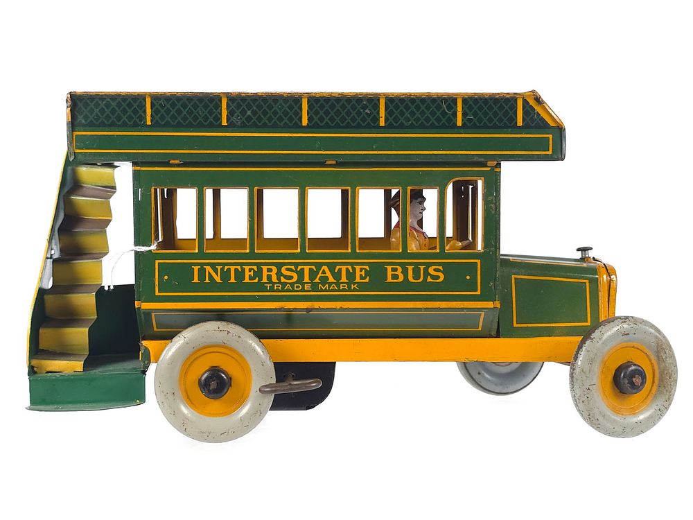 Lot 265: Strauss ca. 1930’s Tin Litho #98 Green “Interstate Bus" Windup Toy