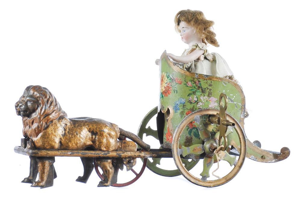 Lot 269: Very Rare French Hand-Painted Chariot with Lion Team and Bisque Doll