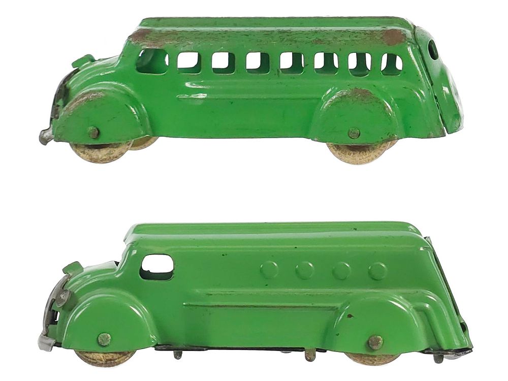 Lot 344: (2) Marx Green Pressed Steel Buses