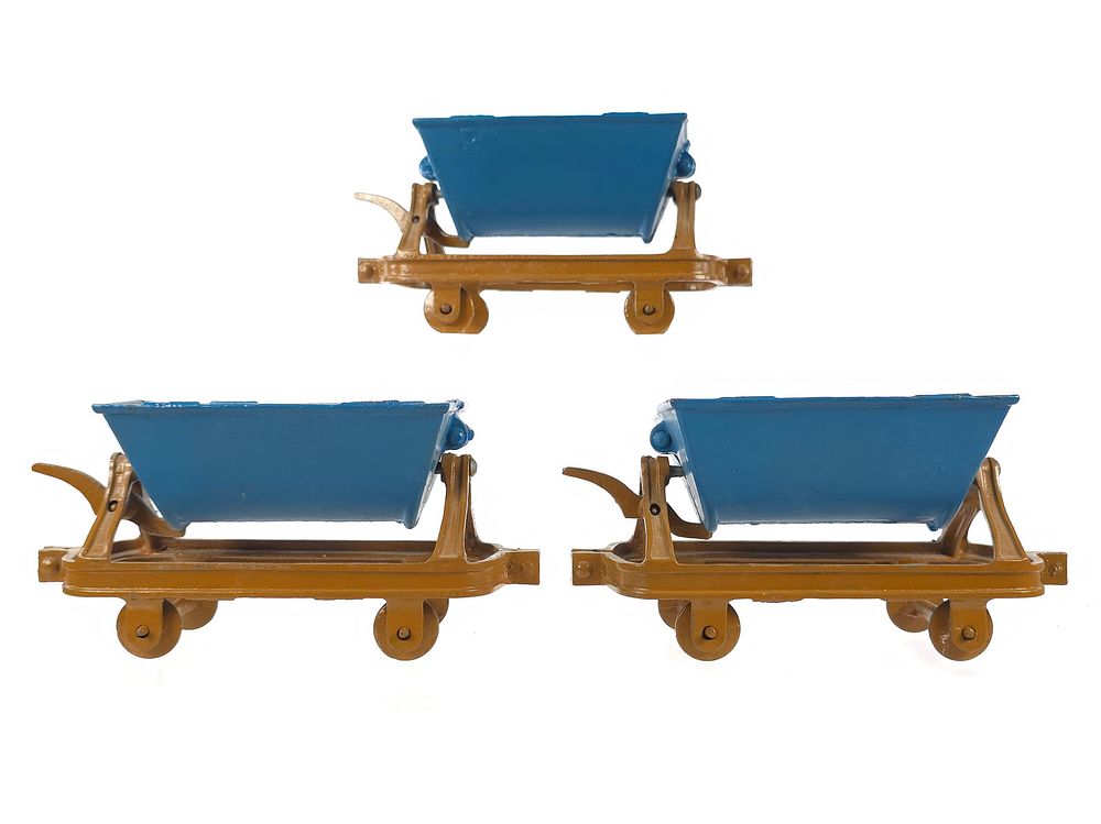 Lot 388: (3) Desirable Dent Extra Large Tipper Cars in Tan Cast Iron