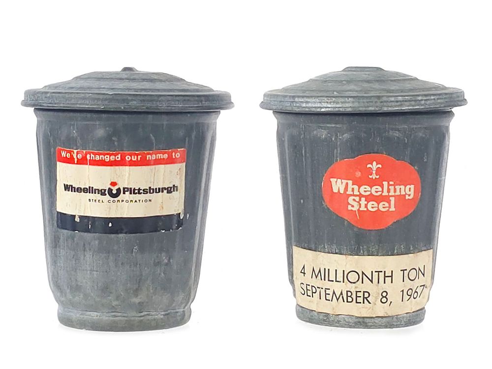 Lot 393: Wheeling Steel Advertising Steel Trash Cans