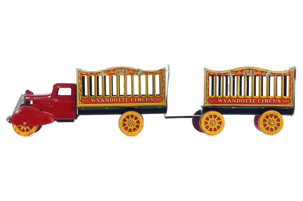 Lot 413: Wyandotte Circus Tin Truck & Trailer
