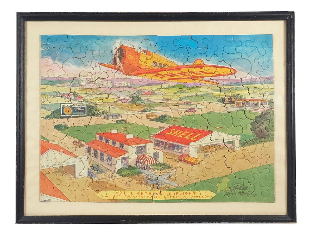 Lot 477: Framed SHELL Puzzle with Airplane and Station