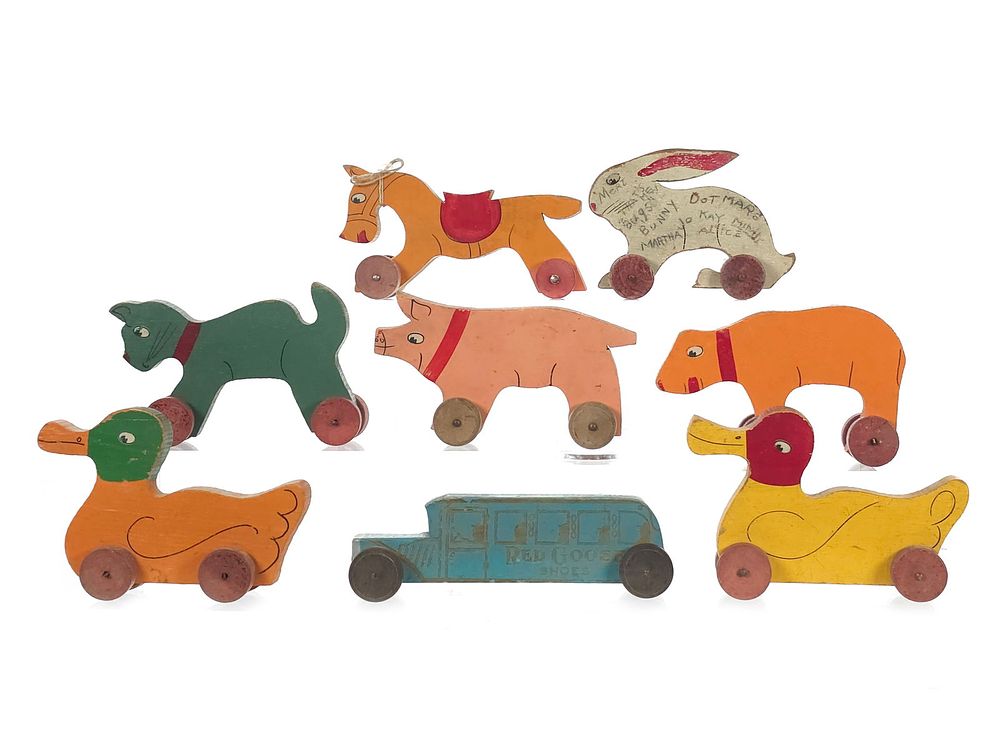 Lot 479: (8) Assorted 1930s Wooden Animal and Red Goose Shoes Bus Toys