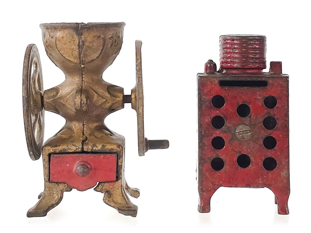 Lot 432: (2) Hubley GE Fridge & Coffee Grinder Cast Iron Still Banks