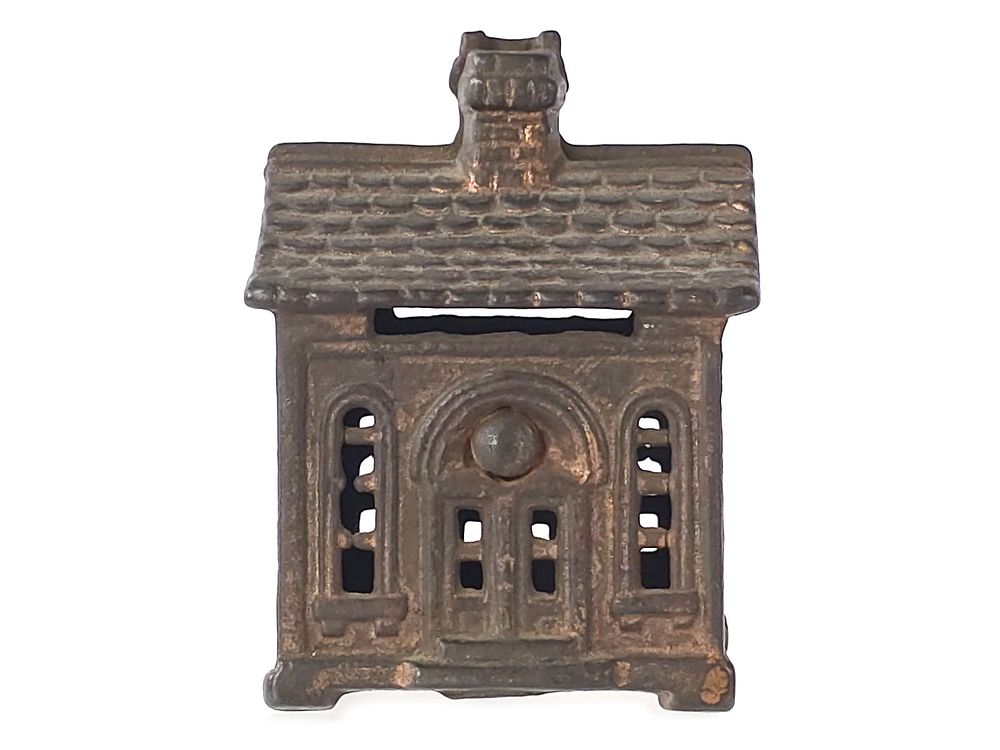 Lot 433: Rare Tin Side Cast Iron One Story House Bank