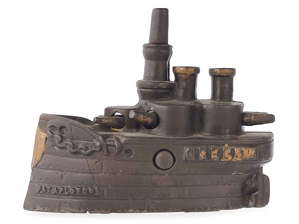 Lot 439: J.& E. Stevens Oregon Cast Iron Japanned Bank with Gold