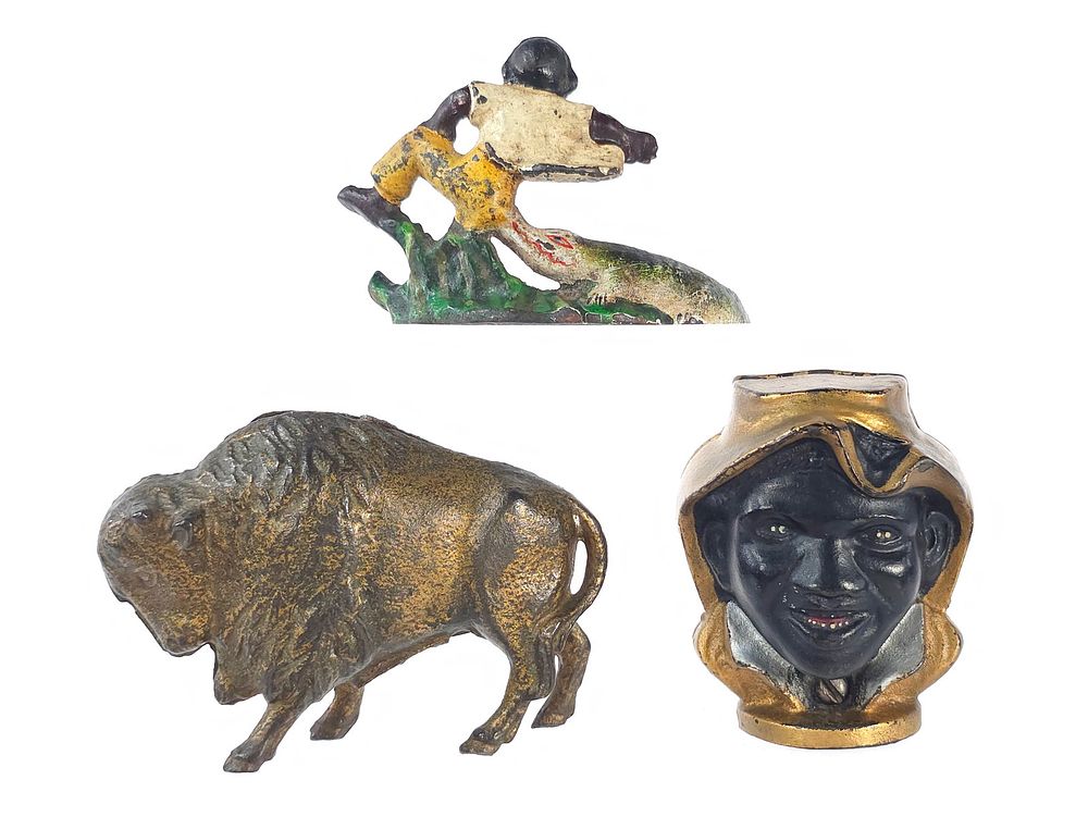 Lot 454: (3) A.C. Williams Buffalo & Two-Faced Banks & Bottle Opener