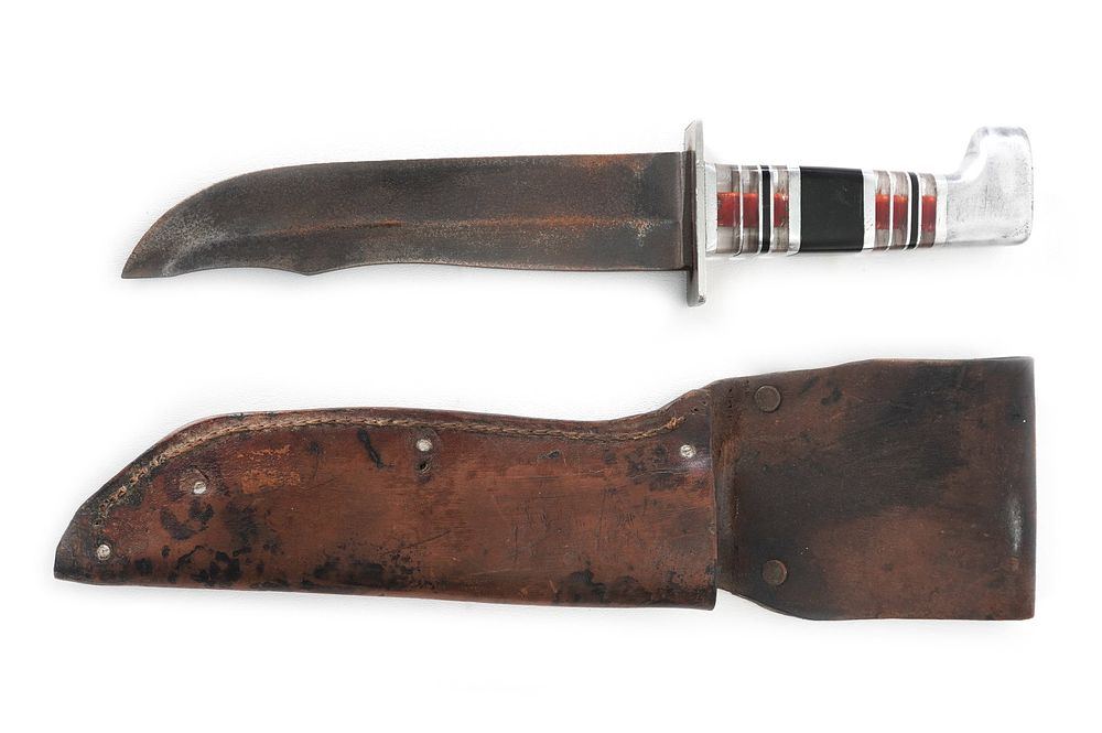 Lot 218: WWII Theater Knife Plexiglass Handle Red Tang w/Sheath