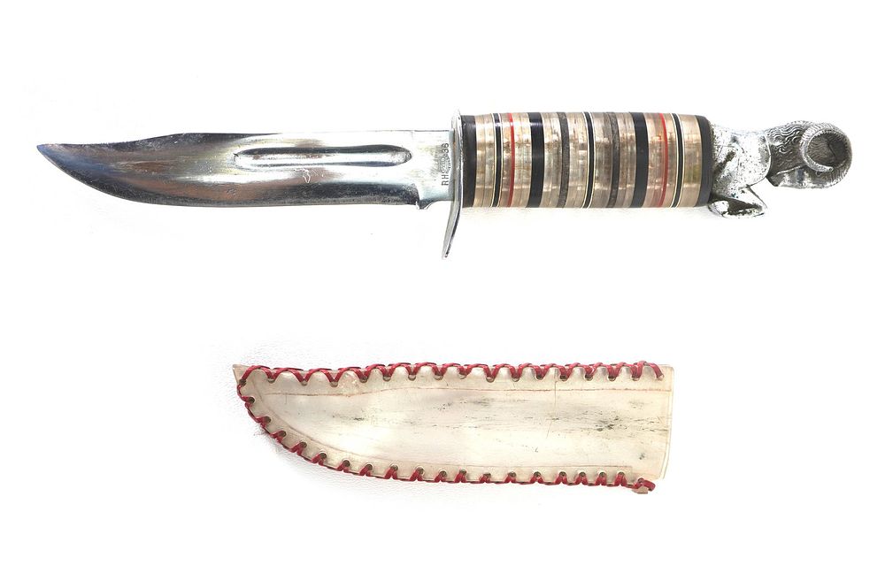 Lot 220: WWII Theater Knife Acrylic Handle & Sheath Ram Pommel
