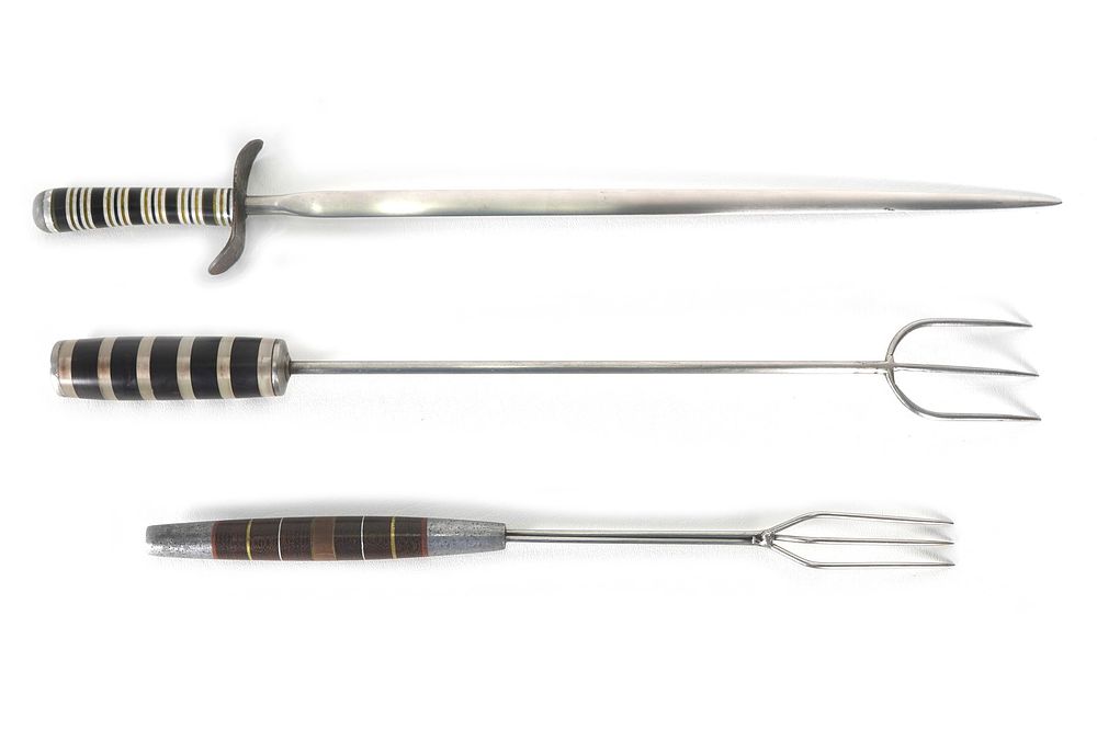 Lot 221: (3) WWII Theater Knife & BBQ Fork Lot Acrylic Handles