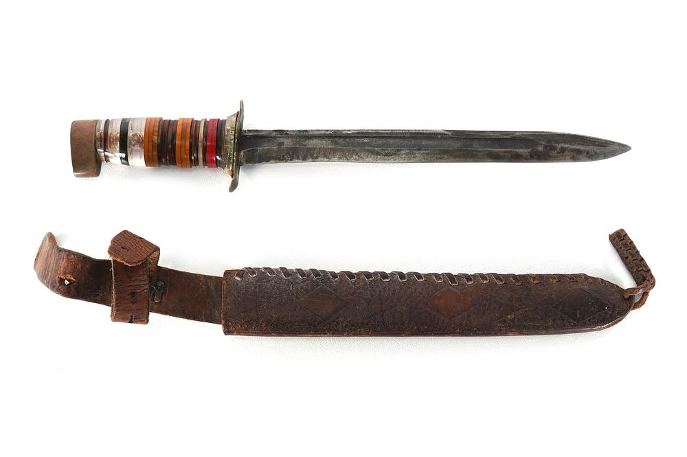 Lot 226: WWII Theater Knife Striped Plexiglass Handle with Sheath
