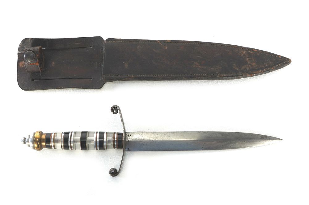 Lot 228: WWII Theater Knife Acrylic Handle with Leather Sheath