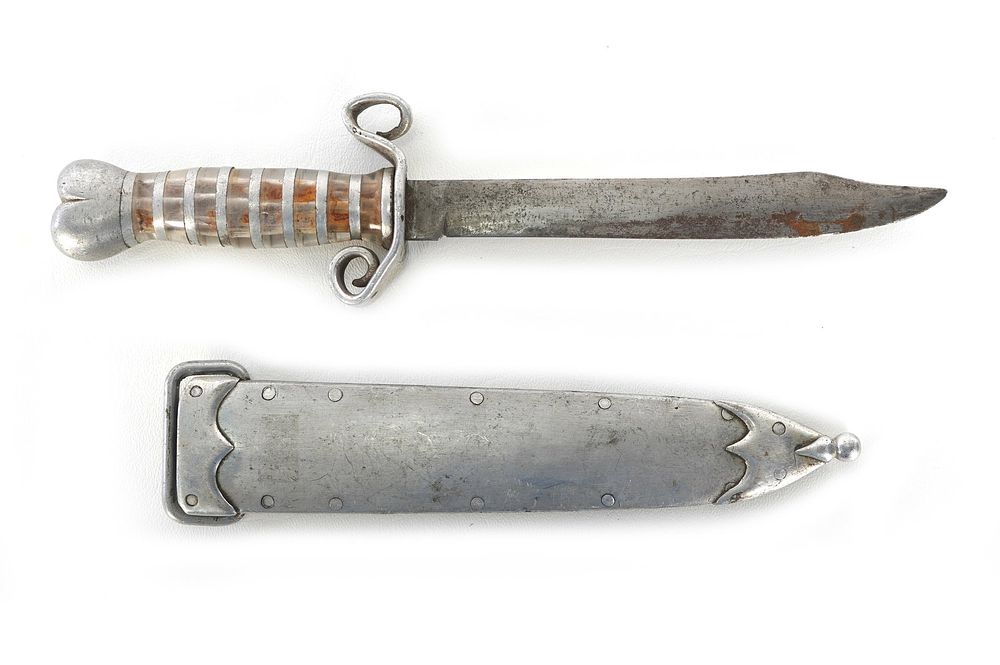 Lot 230: WWII Theater Knife Acrylic Handle Heart Pommel with Sheath