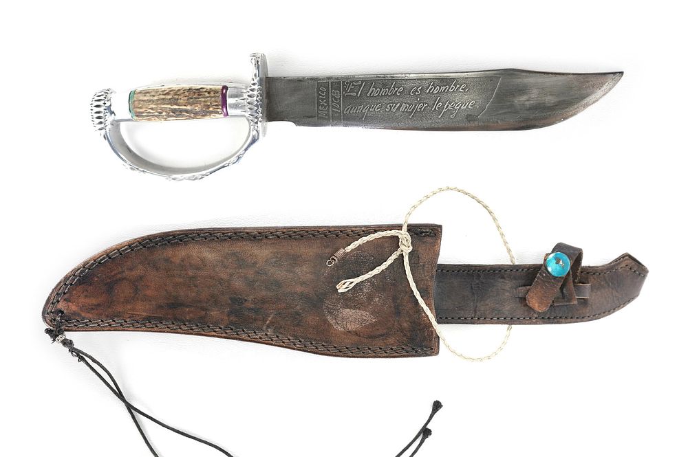Lot 232: Mexican Theater Knife Stag Horn & Aluminum Handle with Sheath
