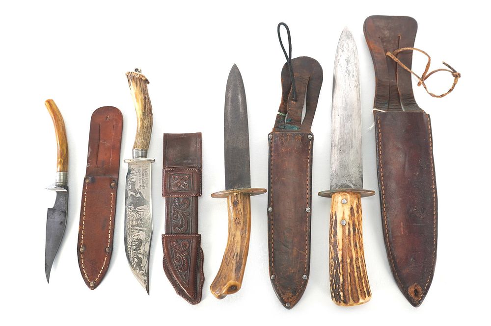 Lot 233: (4) WWII Theater Knives with Antler Handles and Sheaths