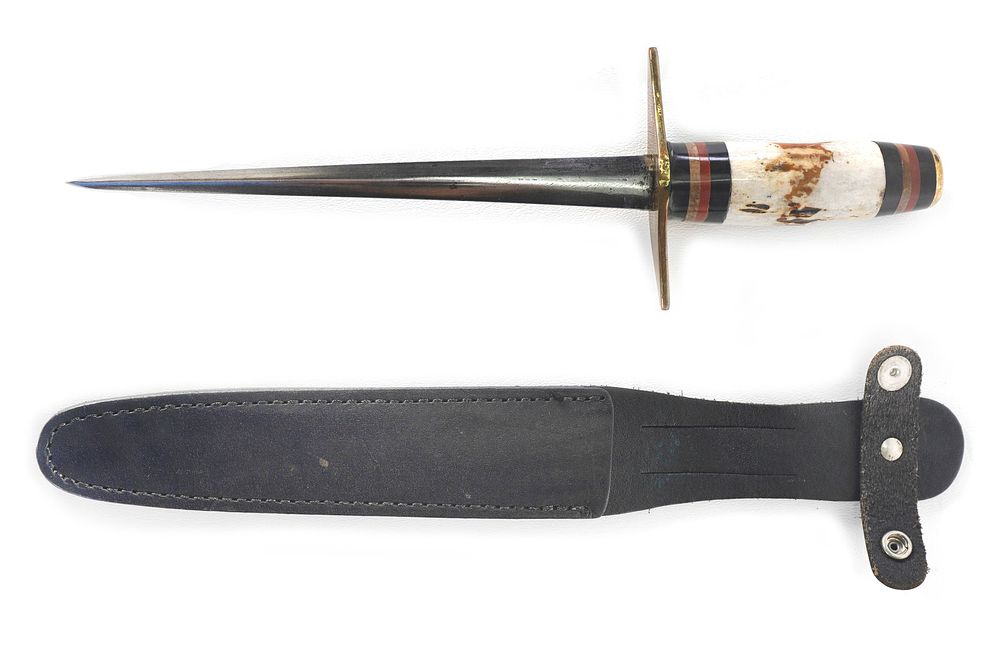 Lot 234: WWII Brass & Wood Handle Theater Knife with Leather Sheath