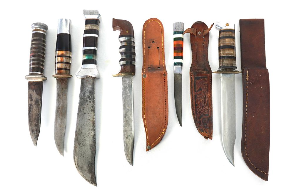 Lot 236: (6) WWII Theater Knives Acrylic and Aluminum Stacked Handles, Amazing!