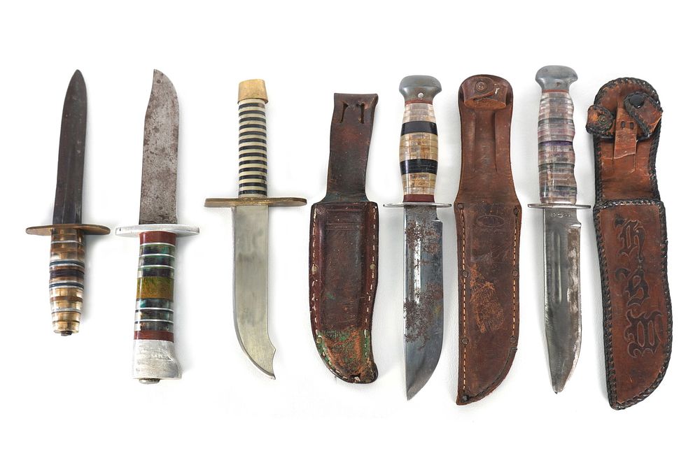 Lot 237: (5) WWII Theater Knives Brass and Aluminum Handles Including Sheaths
