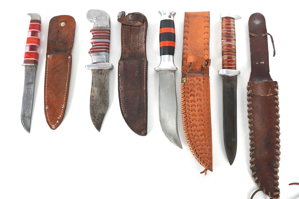 Lot 238: (4) WWII Theater Knives Aluminum & Plexiglass Handles Including Sheaths