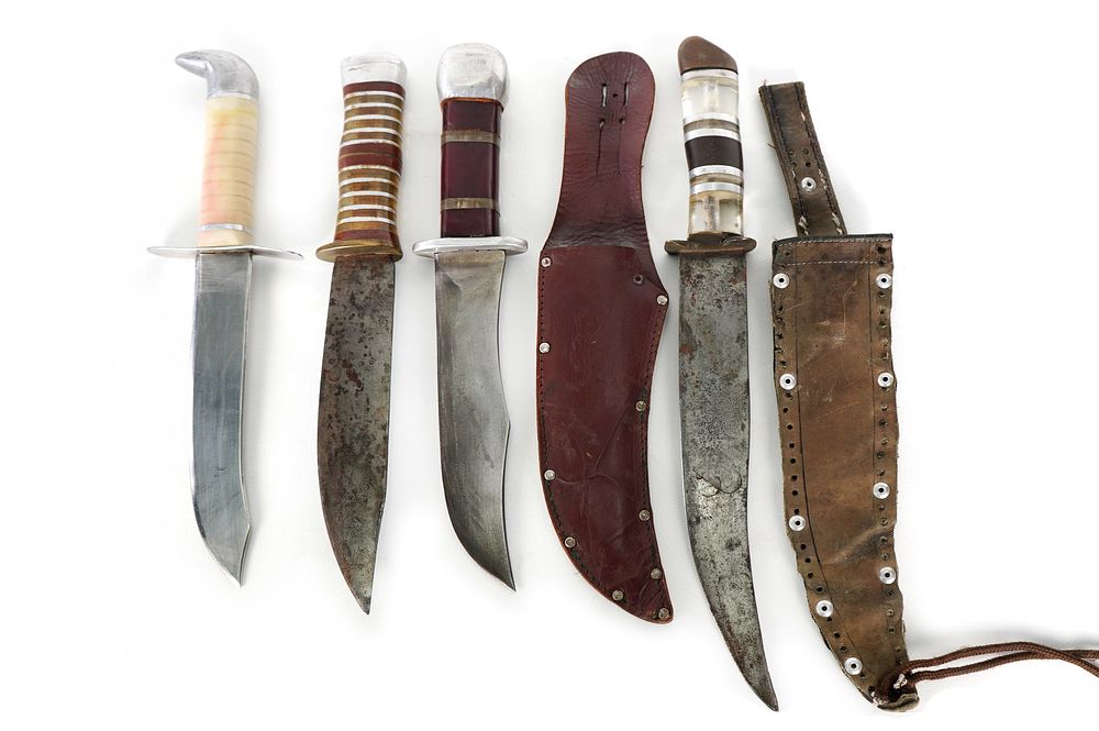 Lot 239: (4) WWII Theater Knives Aluminum & Acrylic Handles Including Sheaths