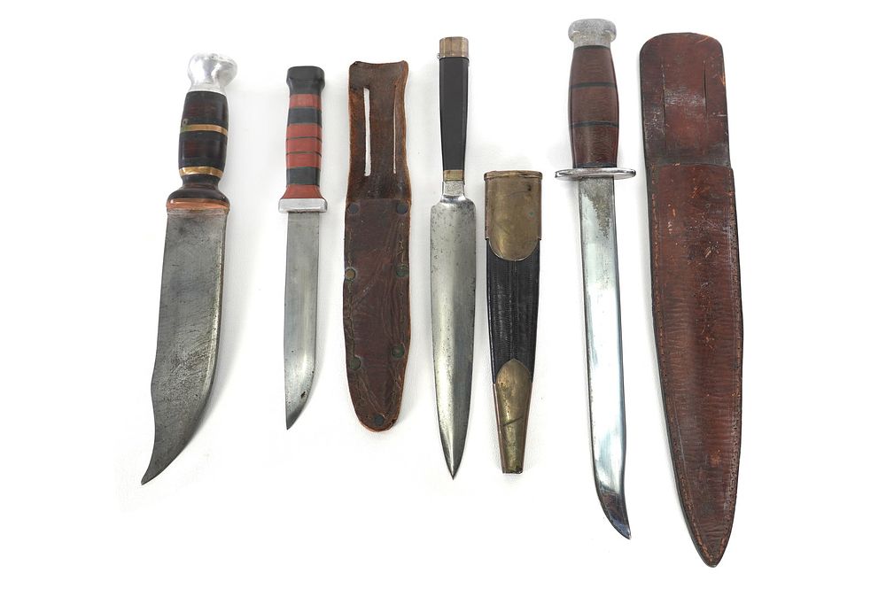 Lot 240: (4) WWII Theater Knives Wood/Aluminum/Acrylic Including Sheaths