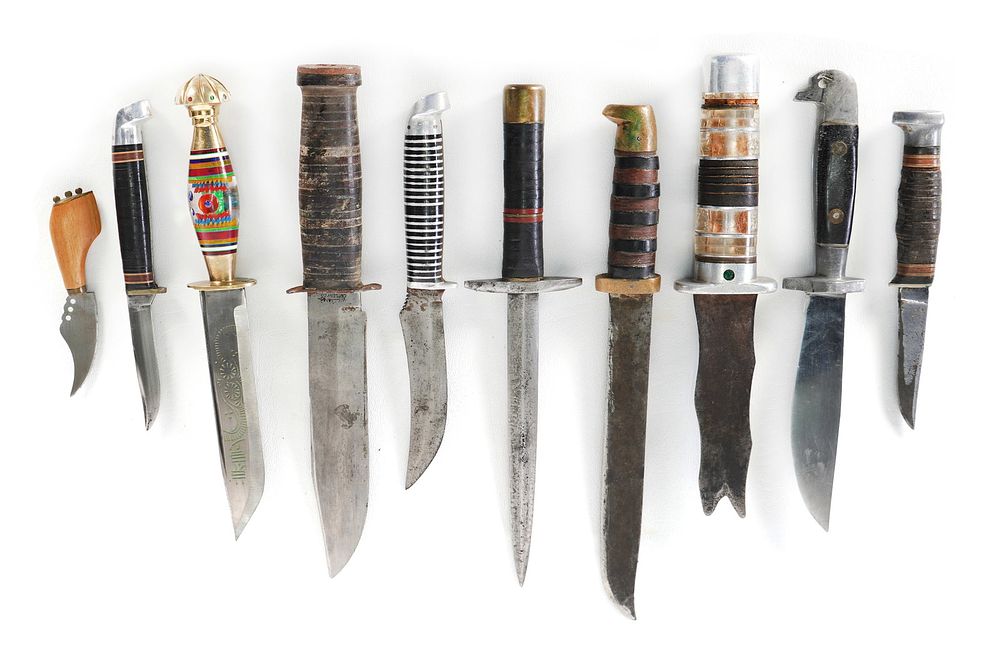 Lot 241: (10) WWII Theater Knives Wood/Brass/Aluminum/Plexiglass Including Sheaths