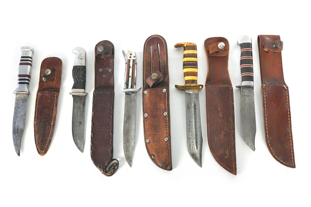 Lot 244: (5) WWII Theater Knives Mixed Handles Including Sheaths