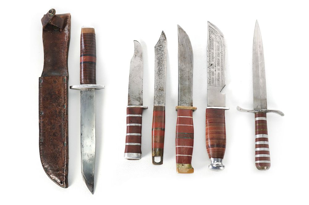 Lot 245: (6) WWII Theater Knives Mixed Handles Including Sheaths