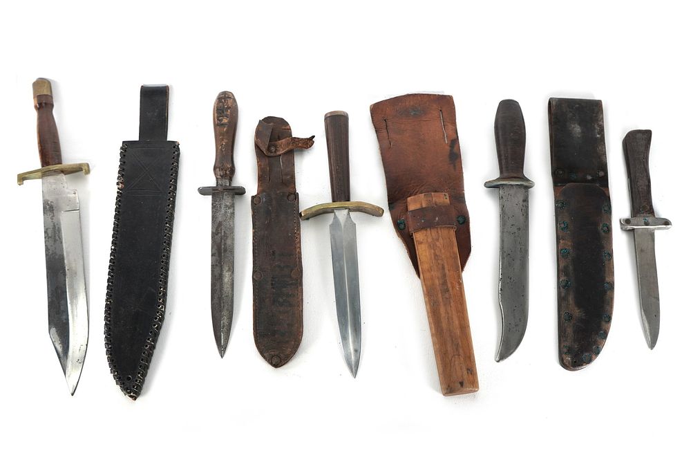 Lot 247: (5) WWII Theater Knives Mixed Material Handles Including Sheaths