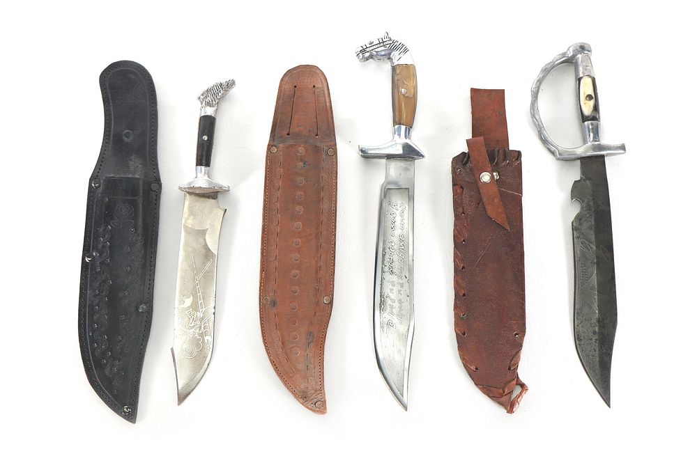 Lot 249: (3) WWII Theater Knives Mexico Bone & Aluminum Handles with Sheaths