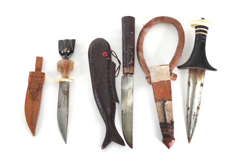 Lot 250: (6) Unusual Group of Knives Wood/Brass/Shell Handles with Sheaths