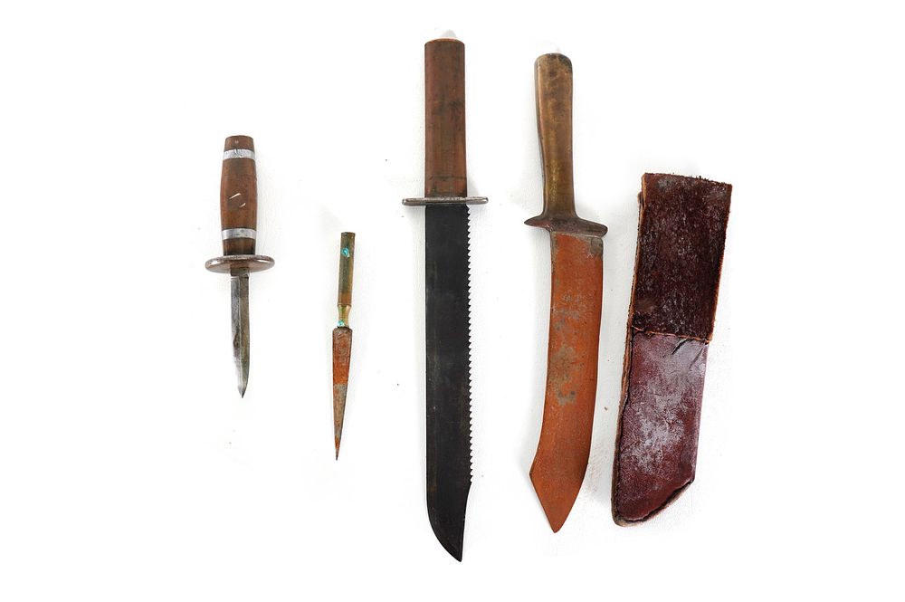 Lot 251: (4) WWII Theater Knives Brass/Bullet/Copper Handles Including Sheaths