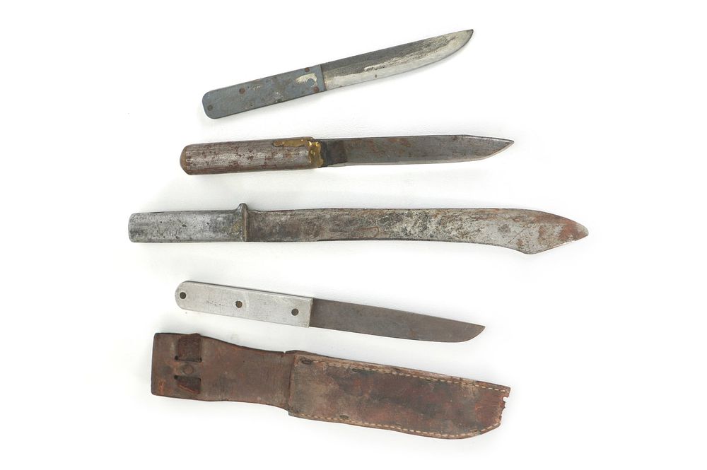 Lot 253: (4) WWII Theater Knives Aluminum & Brass Handles Including Sheaths