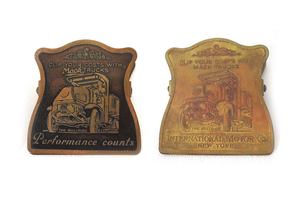 Lot 266: (2) 1930s Premium Brass Advertising Paper Clips Mack & Intl Motor