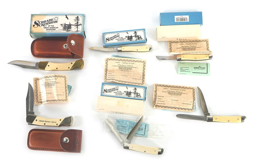 Lot 301: (6) Schrade Scrimshaw Pocket Knives Assorted Sizes