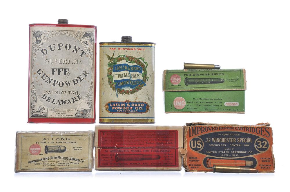 Lot 338: Gun Powder Cans & Boxed Ammo Lot