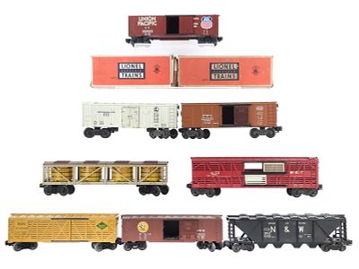(8) Lionel Assorted Box Cars. A lot of eight assorted Lionel boxcars including Union Pacific No. 