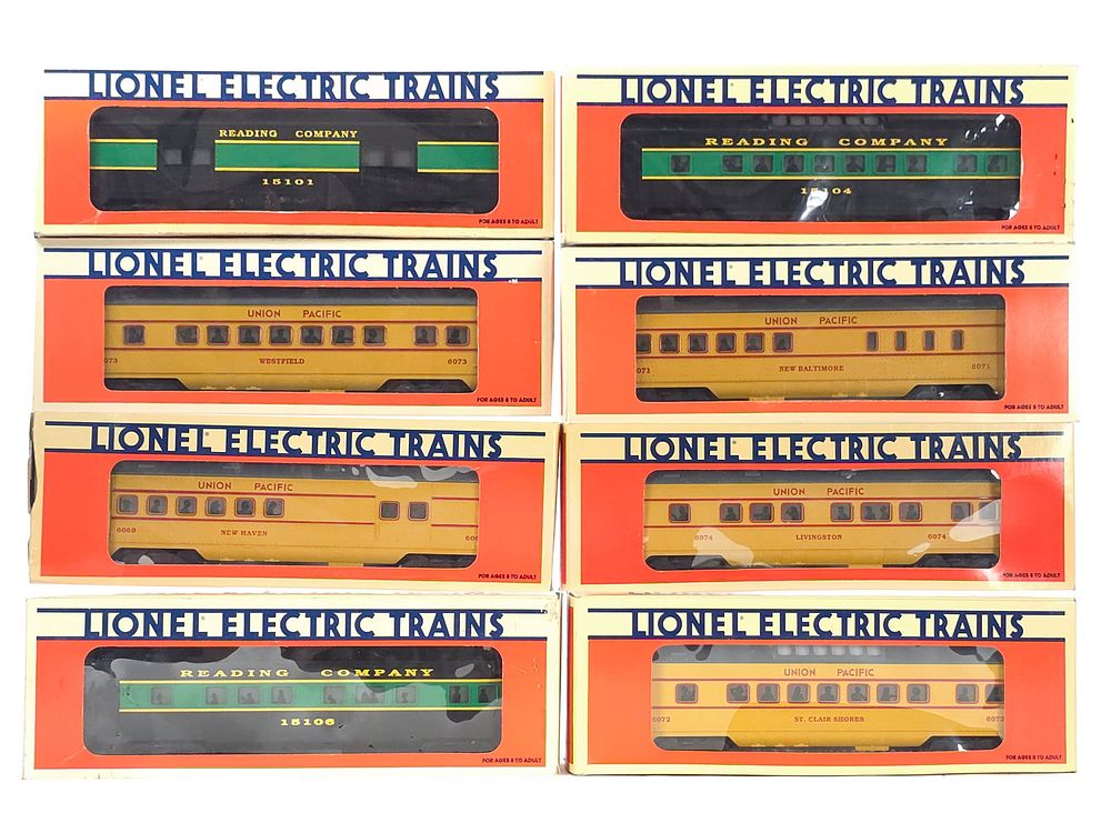 Lot 293: (8) Lionel Observation, Dome, Diner, Baggage, Combo, & Passenger Cars Boxed