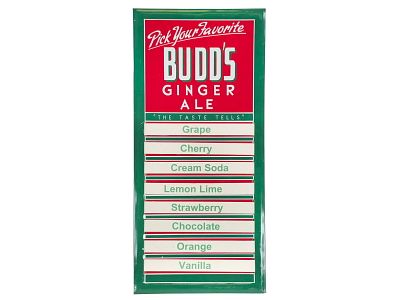 Budd's Gingerale Menu Board Tin Over Cardboard. This Budd's Ginger Ale menu board is constructed 
