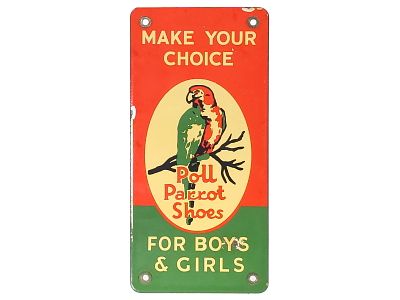 Poll Parrot Shoes Porcelain Advertising Sign. A single-sided porcelain Poll Parrot Shoes 