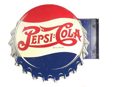 Double Dot Pepsi-Cola Bottle Cap Flange Sign. Dating to the 1950s or 1960s, this double-sided 