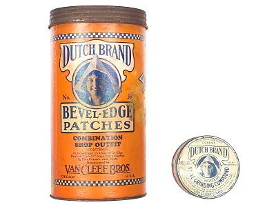 (2) Dutch Brand Valve Grinding Compound & Bevel Edge Patches Cans. Two Van Cleef Bros. "Dutch 
