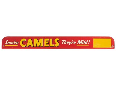 1950s Smoke Camels Single-Sided Steel Flange Sign. Featuring the phrase "Smoke Camels, " this 