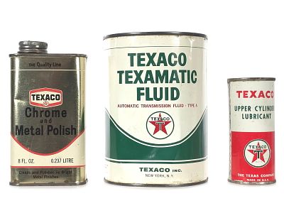 (3) Texaco Chrome Polish, Texamatic & Cylinder Oil Cans. Three Texaco tin containers, including 